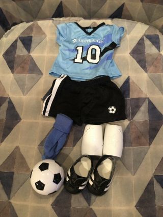 American Girl Soccer Set Uniform Ball Shinguards Cleats Jersey Shorts Blue/black