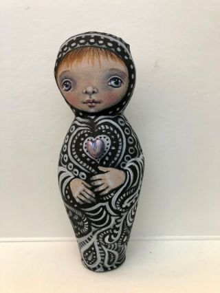 Artist S.  Mcmahon Ooak " Zen Paisley " Painted Cloth Doll 8.  5 " Tall