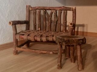 Rustic Log Bench & Table 1:12 Dollhouse Miniature Artisan - Made