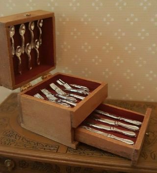 Dollhouse Miniature Artisan Made Wood Silverware Chest 1:12,  Signed