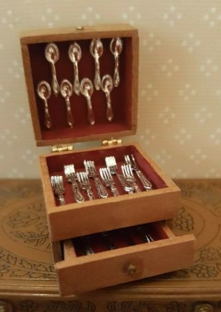 Dollhouse miniature artisan made wood silverware chest 1:12,  signed 2