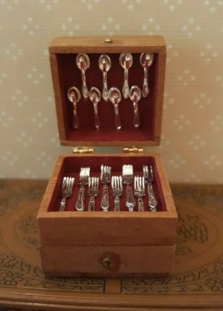 Dollhouse miniature artisan made wood silverware chest 1:12,  signed 3