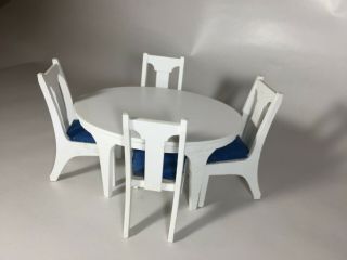Lundby Dollhouse Dining Table And Chairs White Painted Wood Blue Seats Vintage