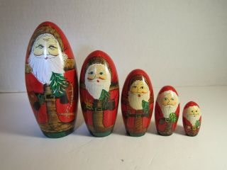 Vtg Wooden Santa Claus 5 Nesting Doll Set