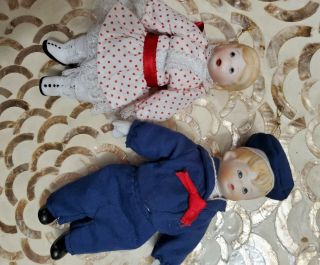 Vtg 1970s Russ Berrie Bisque Victorian Dressed Girl & Boy Doll 4.  5” 1648 1647