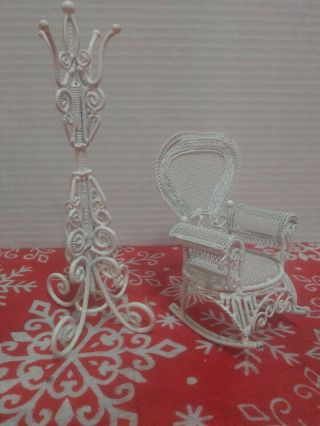 White Wicker Look Metal Vintage Dollhouse Furniture Rocking Chair & Coat Stand