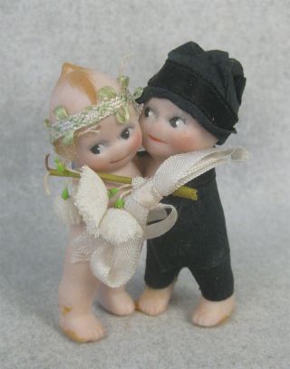 Vintage Kewpie Doll Flapper Bride & Groom Wedding Cake Topper German Bisque 2.  5 "