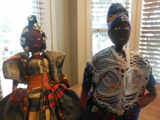 Black African Americana Folk Art Cloth Dolls W/ Stainds