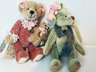 Ganz 3 " Miniatures Cottage Collectibles Bears Kayla/baby Fairy W Flowers Signed