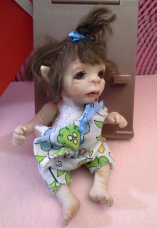 Cute Ooak Polymer Clay 4 1/2 " Elf Fairy Betina Baby Doll Hand Sculpt Cbb Studios