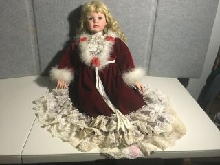 32 " Rustie Porcelain Doll - Victorian Lady In Red Velvet Dress Trimmed In Lace