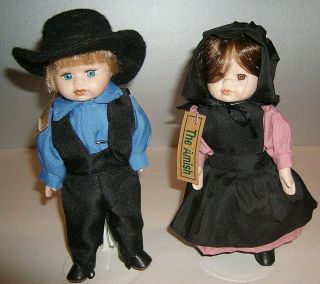 Amish Boy And Girl Dolls 9 " Bisque Head,  Hands,  & Feet,  With Stands.