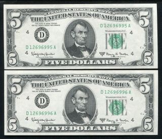(2) Consecutive 1963 - A $5 Frn Federal Reserve Notes Cleveland,  Oh Unc