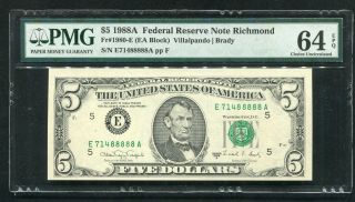 Fr.  1980 - E 1988 - A $5 Frn Federal Reserve Note Richmond,  Va Pmg Unc - 64epq