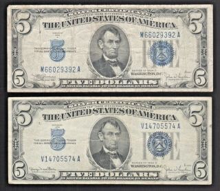 1934 C & C $5 Dollar Blue Seal Old Paper Money Silver Certificates Notes