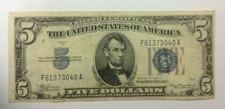 Us One Five Dollar $5 Silver Certificate Paper Bill 1934 A Blue Seal