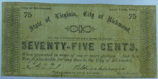 1862 75c City Of Richmond Note.  Cu339/br