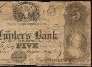 1854 $5 Dollar Cuylers Bank Of Palmyra York Counterfeit Note Old Paper Money