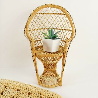 Vintage Wicker Peacock Rattan Chair 12 " Fan Back Doll Chair,  Boho Plant Stand.