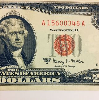 1963 A Series $2 Two Dollar Bill United States Note Red Seal Crisp 3