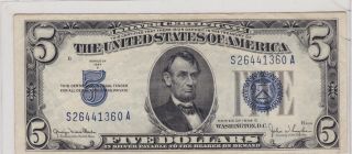 Series 1934 D Blue Seal Silver Certificate Five Dollars $5 Note