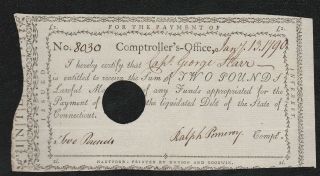 Jan 13,  1790 Two Pound Connecticut Colonial Interest Note " Worthless Continental