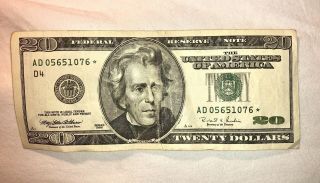 1996 - Star Note - $20 Twenty Dollar Bill - Paper Money Usd