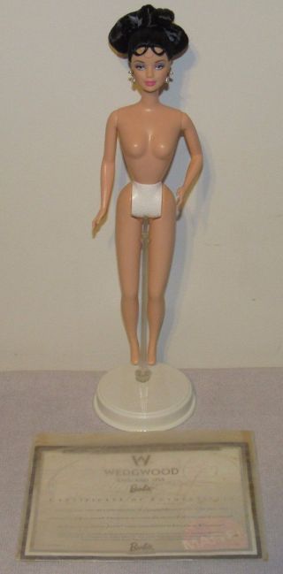 1999 Wedgwood Barbie Nude Doll w/ Earrings,  Stand & 25641 Brunette Updo 2
