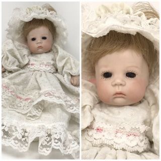 7” Bisque Head Blonde Baby,  Artist Boots Tyner – White Lacy Dress