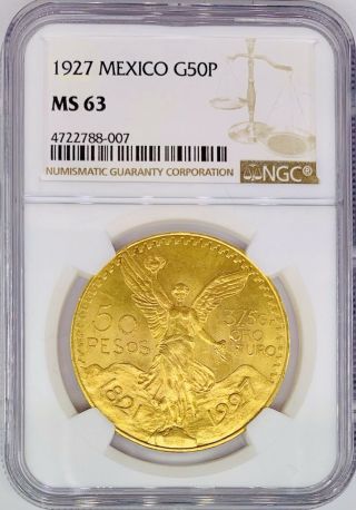 1927 • Mexico Gold 50 Peso 37.  5g • Ms63 Ngc Winged Victory Lettered Edge •