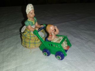 Mom And Baby In Stroller Vintage Dollhouse Furniture Hard Plastic Metal Wheels