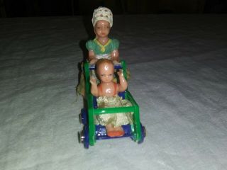 Mom and Baby in Stroller Vintage Dollhouse Furniture Hard Plastic Metal Wheels 2
