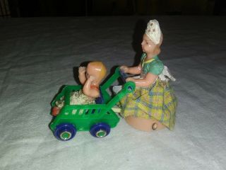 Mom and Baby in Stroller Vintage Dollhouse Furniture Hard Plastic Metal Wheels 3