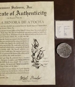 Atocha 8 Reales shipwreck coin,  Grade 1 w/ flip and stamped Mel Fisher 2