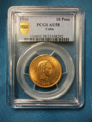 1916 Gold 10 Peso - Pgcs Au58 - Diez Pesos -