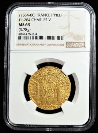 France: Charles V gold Franc a Pied ND (1364 - 1380) MS63 NGC.  COIN 3
