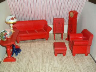 Vintage Strombecker Dollhouse Furniture Living Room,  Radio,  Library Table,  Clock