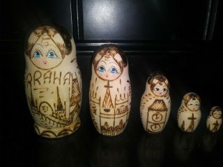 5 Nesting Dolls Russian Hand - Painted Babushka Wooden Gold