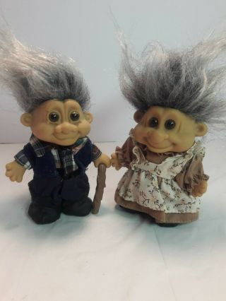 Grandpa Grandma 5 " Russ Troll Dolls Old Lady And Old Man With Cane.