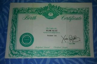 Cabbage Patch Birth Certificate Adoption Papers WILMA ALICE 2