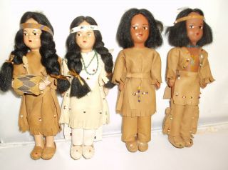 4 Vintage Carlson Native American Indian Hard Plastic Dolls 71/2 "