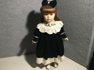 19 " Porcelain Girl Doll - Dark Green Velvet Dress & Hairbow - Long Red Hair