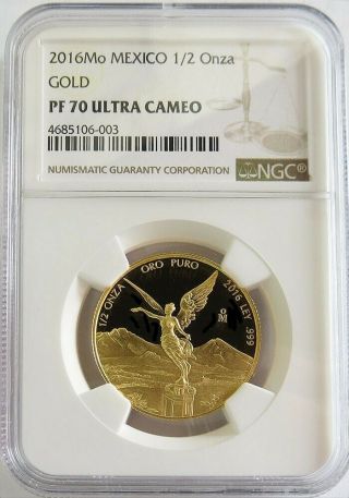 2016 Mo Gold Mexico 1/2 Onza Winged Victory Coin Ngc Proof 70 Ultra Cameo