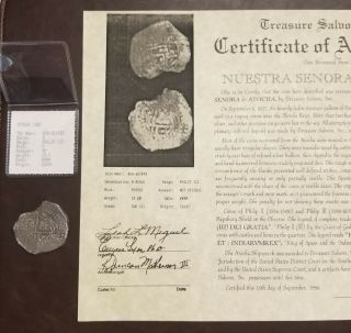 Atocha 8 Reales shipwreck coin,  Grade 2 w/ flip and stamped Mel Fisher 3