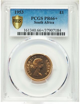 South Africa Gold Pound 1953 Queen Elizabeth II,  PCGS GEM PR66, 2