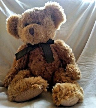 Russ Berrie Sutton Brown Teddy Bear Plush Animal Green Bow Sitting 15 " Tall 4854