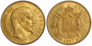 France.  Napoleon Iii.  1857 - A Av 50 Francs.  Pcgs Ms64.  Paris.  Gadoury 1111