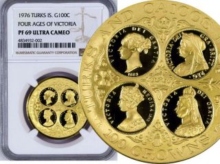 Ngc Pf - 69 Uc Turks & Caicos Gold 100 Crowns 1976 (" Victoria ") Only 1 Higher