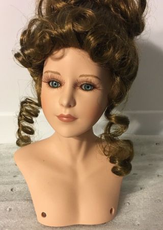Vintage Victorian Doll Head Bust W/bonnet 6 " Blue Eyes Brown Hair Peach Laced
