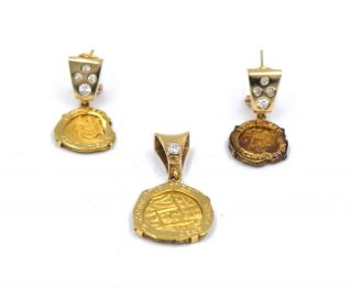 1715 Fleet Spanish Shipwreck Gold Escudo Coin Earrings Diamond Pendant Certified